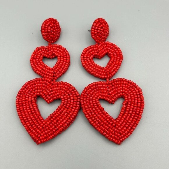 Red Beaded Double Heart Earrings Piereced Ear Stud Dangle Jewelry Valentines Day - Picture 1 of 6